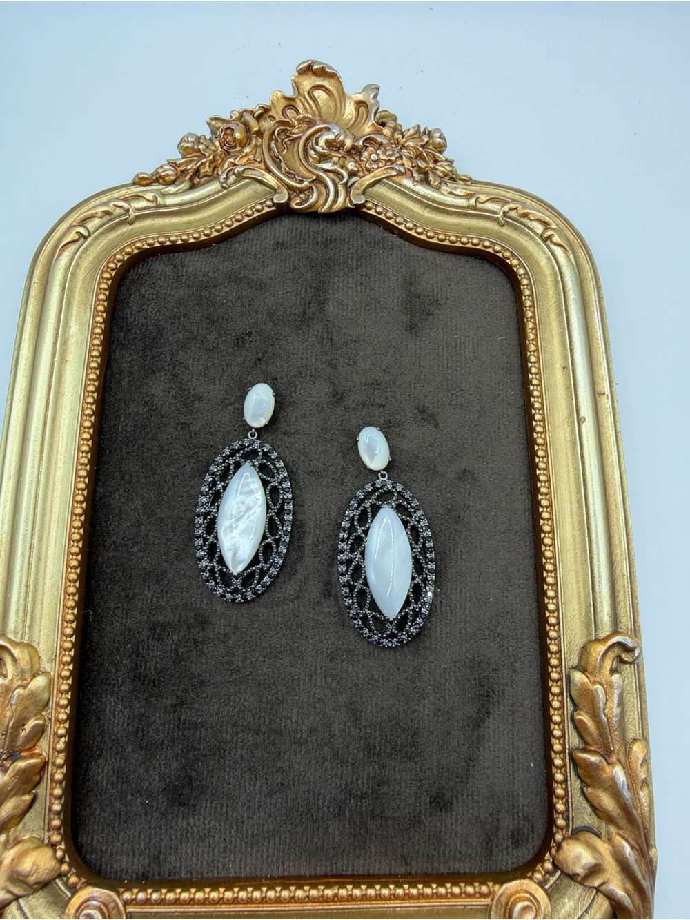 Vintage Style Mother of Pearl & Rhinestone Oval Drop Earrings